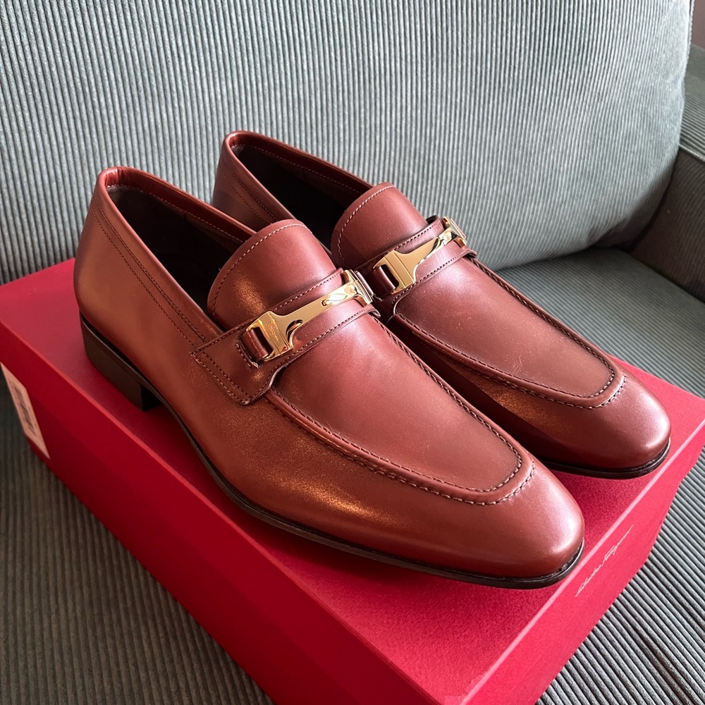 Salvatore Ferragamo Brown Leather Loafers with Gold Accent